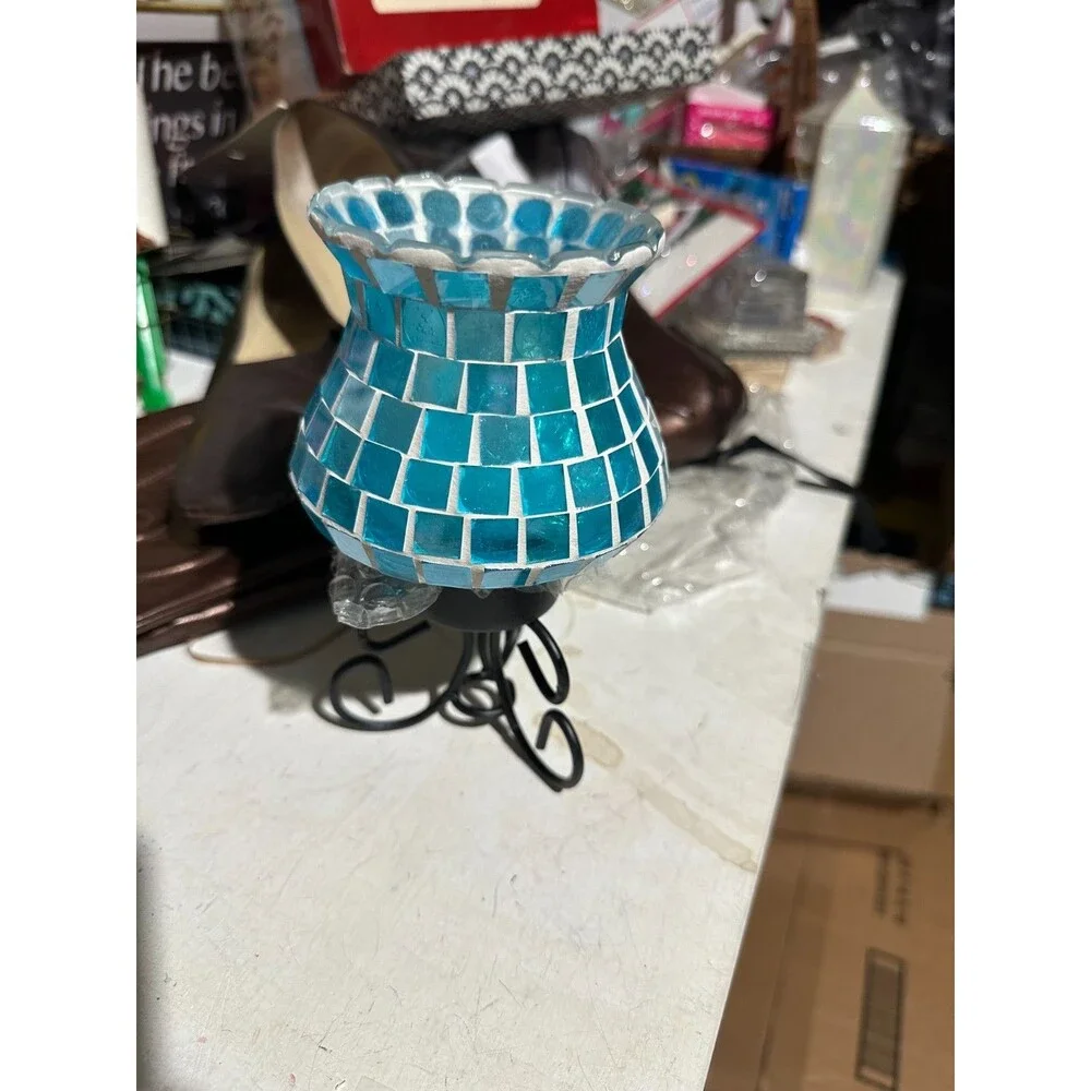 Tech Tools Mosaic Glass Lamp with Remote Control Wrought Iron Stand Set Of 2